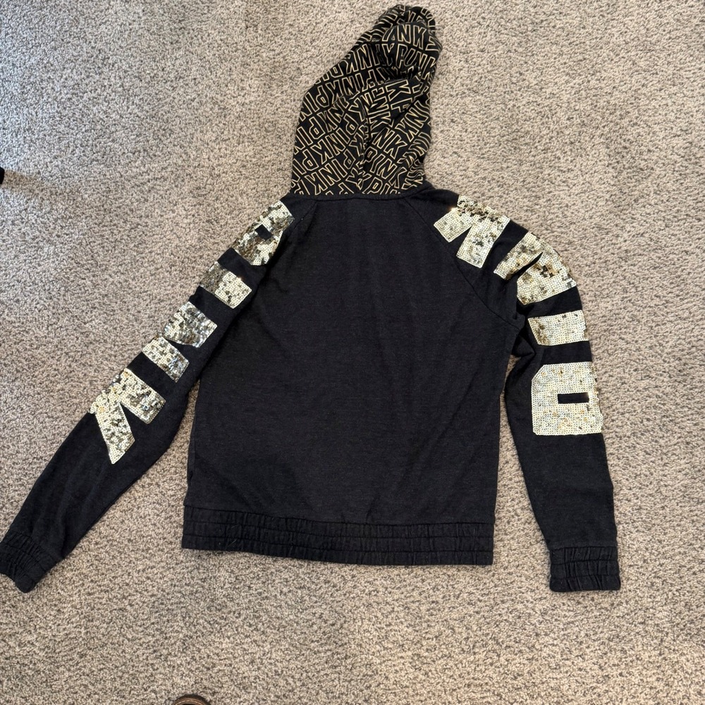 Victoria's Secret PINK Black Gold Sequin Sleeve Full Zip Hoodie Sweatshirt Sz M - Picture 4 of 4
